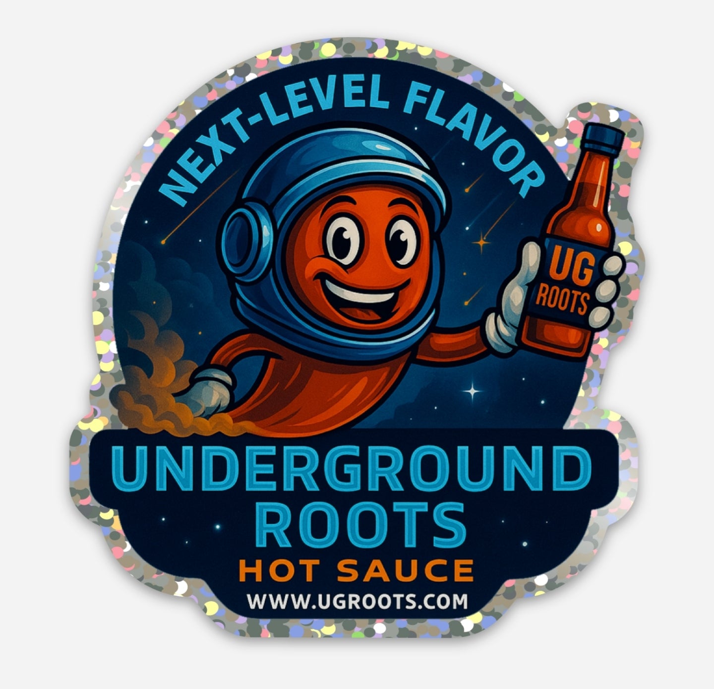 Underground Roots Hot Sauce Space Glitter Sticker